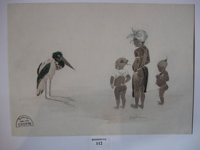 Suzanne CREPIN (1880-1956). Mère et ses deux enfants, en présence d'un marabout,...
