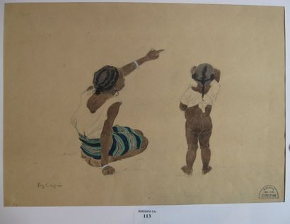 Suzanne CREPIN (1880-1956). Mère et enfant, dessin au crayon noir et aquarelle sur...