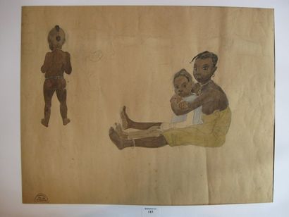 Suzanne CREPIN (1880-1956). Trois enfants, deux assis et un debout, dessin au crayongras...
