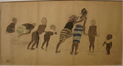 Suzanne CREPIN (1880-1956). Huit enfants, dessin au crayon noir partiellement aquarellé...