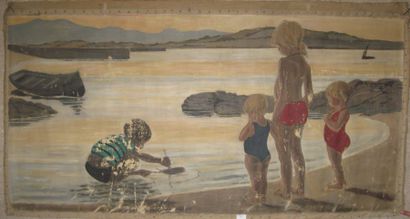 Suzanne CREPIN (1880-1956). Bord de mer, crayon et peinture à l'oeuf sur toile. 80...