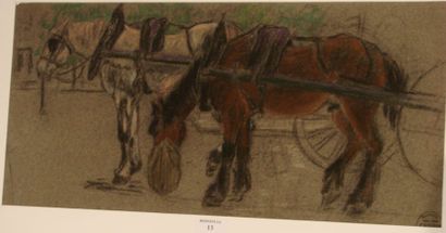 Suzanne CREPIN (1880-1956). Deux chevaux attelés, dessin au crayon gras et pastel...