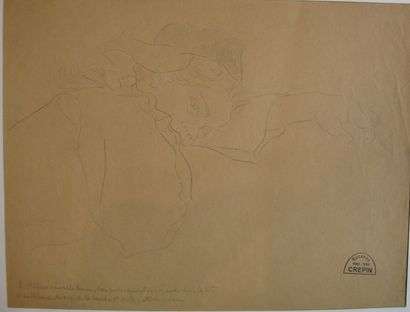 Suzanne CREPIN (1880-1956). Enfant allongé, dessin au crayon noir sur papier bistre....