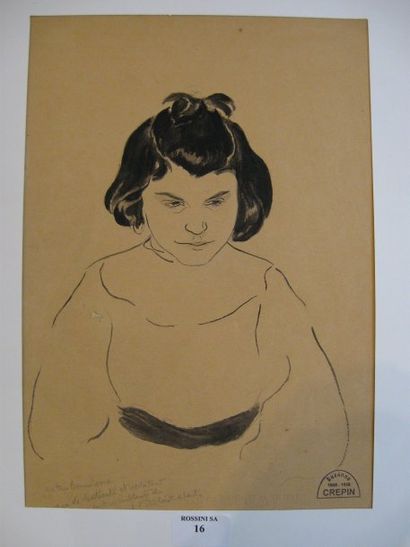 Suzanne CREPIN (1880-1956). Portrait d'enfant, dessin et lavis d'encre de Chine sur...