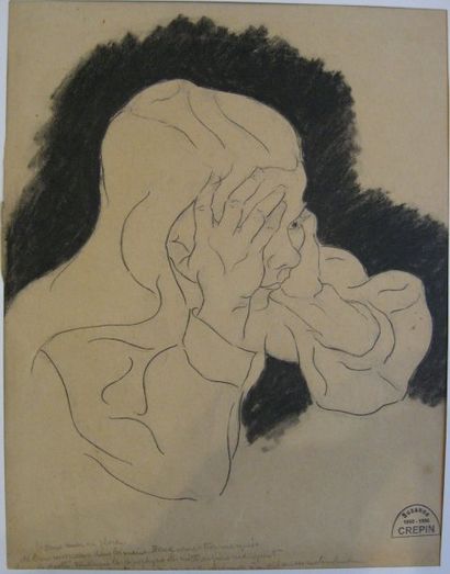 Suzanne CREPIN (1880-1956). L'enfant attentif, dessin au crayon noir sur fond au...