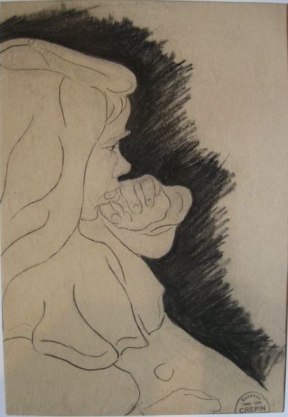Suzanne CREPIN (1880-1956). L'enfant s'interrogeant, dessin au crayon noir sur fond...