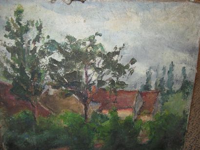 Joseph COLOMER Vue de village huile sur toile en l'état 33 x 38 cm