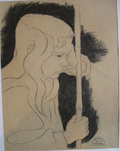Suzanne CREPIN (1880-1956). Enfant tenant un bambou, dessin au crayon noir et fond...