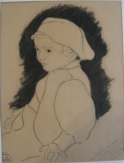 Suzanne CREPIN (1880-1956). Jeune breton, dessin au crayon noir sur fond au crayon...