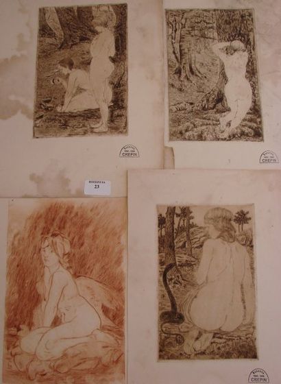 Suzanne CREPIN (1880-1956). Quatre séries de gravures, (tachées), Femme agenouillée,...