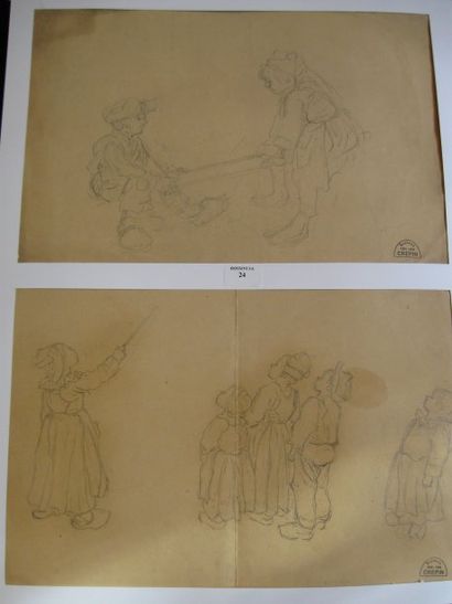 Suzanne CREPIN (1880-1956). La balançoire, dessin au crayon noir sur papier bistre....