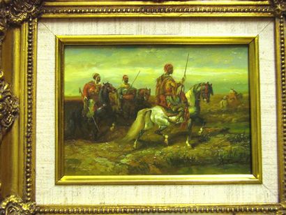 ECOLE MODERNE, Deux cavaliers devant la ville, peinture sur panneaux 12 x 17 cm.