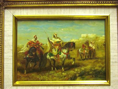 ECOLE MODERNE, quatre cavalliers dans la plaine, peinture sur panneaux 12 x 17 c...