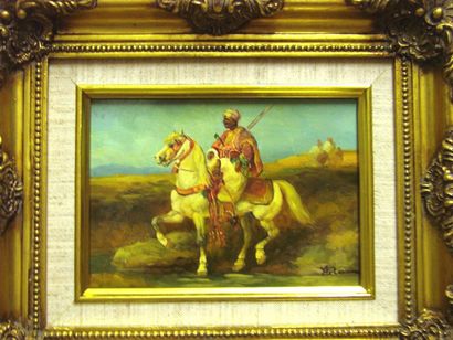 ECOLE MODERNE, quatre cavaliers à monture, peinture sur panneaux 17 x 12 cm.