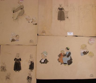 Suzanne CREPIN (1880-1956). Etudes de bretonnes, quatre planches de dessins au crayon...