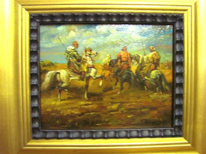 ECOLE MODERNE, deux cavaliers, peintutre sur panneaux 20,5 x 25,5 cm