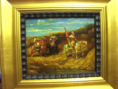 ECOLE MODERNE, cavaliers chargeant, peinture sur panneaux 20,5 x 25,5 cm
