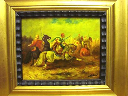 ECOLE MODERNE, Le retour de cavaliers, peinture sur panneaux 30,5 x 35,5 cm
