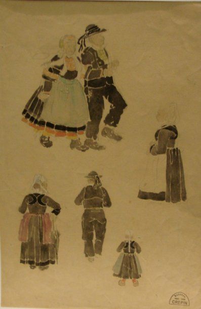 Suzanne CREPIN (1880-1956) Etude de costumes bretons. Dessin et aquarelle sur papier...