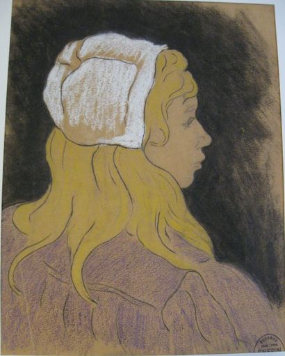 Suzanne CREPIN (1880-1956). Jeune fille de profil, dessin au crayon noir et pastel....