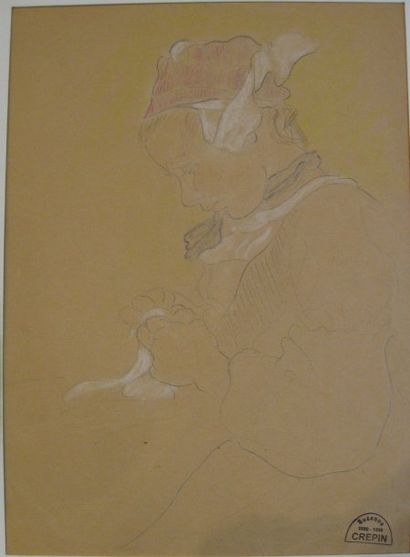 Suzanne CREPIN (1880-1956). Jeune fille cousant, dessin au crayon noir réhaussé de...