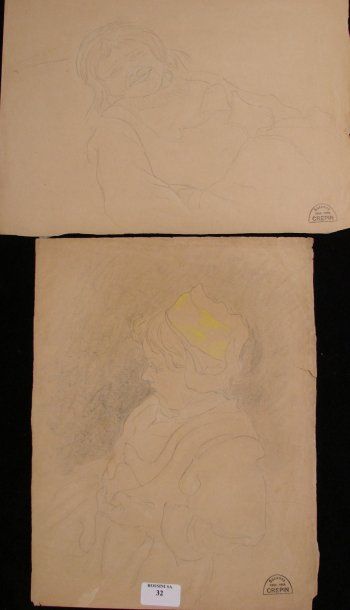 Suzanne CREPIN (1880-1956). Jeune fille souriante et jeune fille au bonnet, deux...