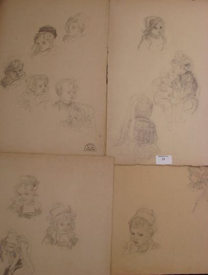 Suzanne CREPIN (1880-1956). Etude de tête d'enfants, quatre planches de dessins au...