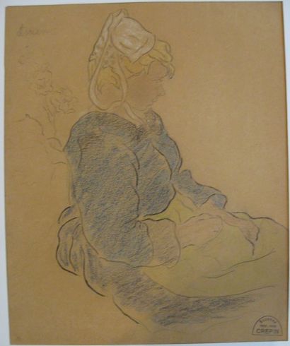 Suzanne CREPIN (1880-1956). Jeune fille assise, dessin au crayon noir et crayon de...