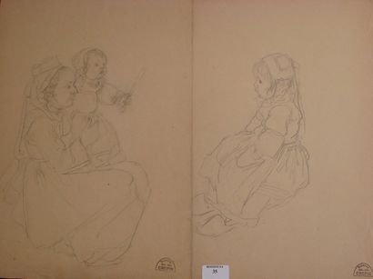 Suzanne CREPIN (1880-1956). Enfant aux sabots et mère et son enfant, deux dessins...