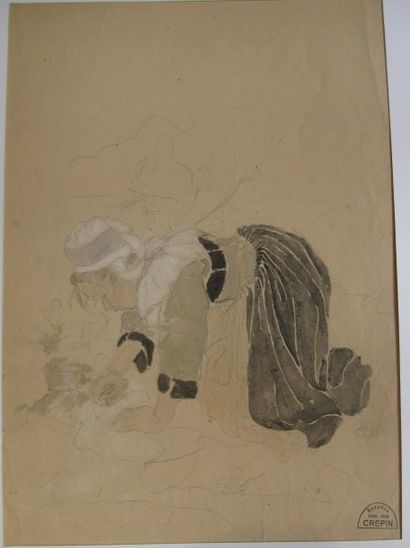 Suzanne CREPIN (1880-1956). Au lavoir, dessin au crayon noir partiellement aquarellé...