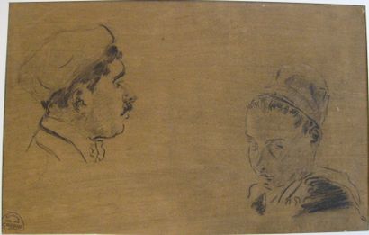 Suzanne CREPIN (1880-1956). Breton et bretonne de profil, dessin au crayon gras sur...