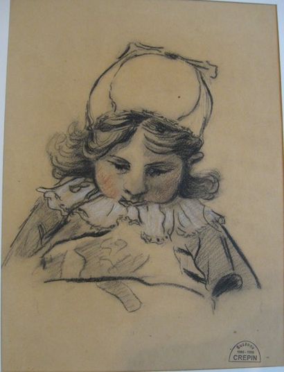 Suzanne CREPIN (1880-1956). Enfant breton, dessin aux trois crayons sur papier bistre....