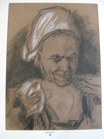 Suzanne CREPIN (1880-1956). Bretonne à la coiffe, dessin au crayon graset craie sur...