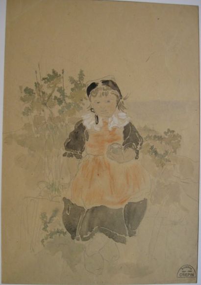Suzanne CREPIN (1880-1956). Enfant à la boule, dessin au crayon noir réhaussé partiellement...