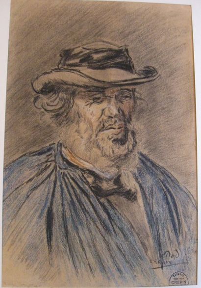 Suzanne CREPIN (1880-1956). Homme à la blouse bleue, dessin au crayon gras et pastel...
