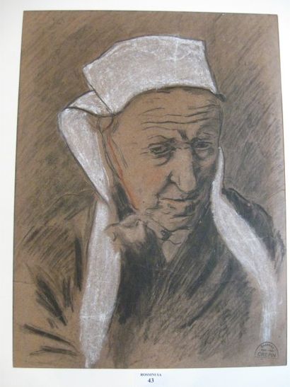 Suzanne CREPIN (1880-1956). Femme à la coiffe, dessin aux trois crayons sur papier...