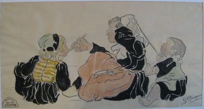 Suzanne CREPIN (1880-1956). Mère et deux enfants, dessin au crayon noir et aquarelle...