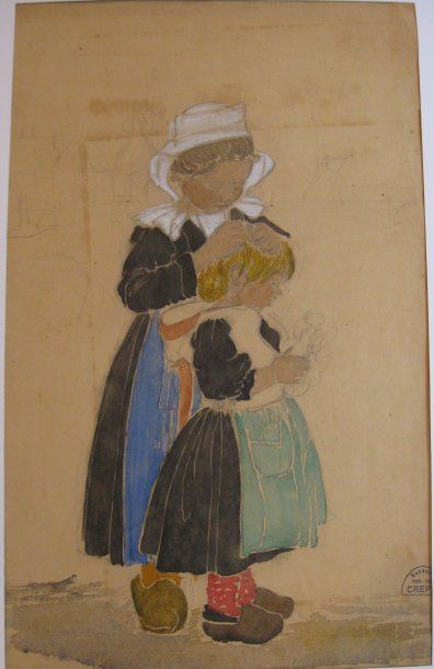 Suzanne CREPIN (1880-1956). Les deux soeurs, dessin au crayon noir et aquarelle sur...