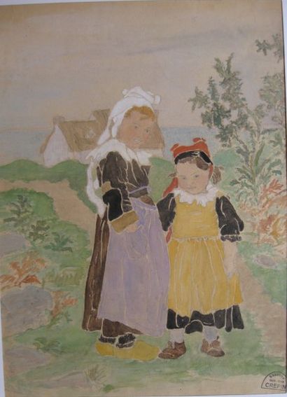 Suzanne CREPIN (1880-1956). Mère et fille sur la lande, dessin au crayon noir et...
