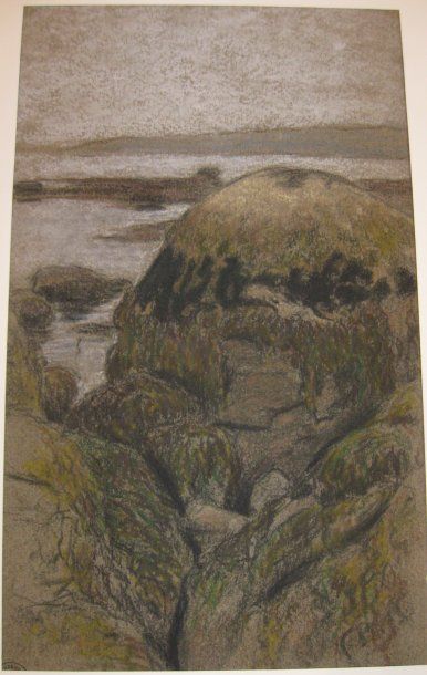 Suzanne CREPIN (1880-1956). Les rochers, dessin au crayon gras et aquarelle sur papier...