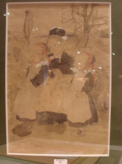 Suzanne CREPIN (1880-1956). Les trois soeurs, aquarelle, signée en bas à gauche....