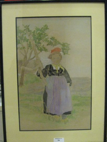 Suzanne CREPIN (1880-1956). Enfant à la branche, dessin au crayon noir et aquarelle...