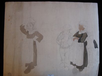 Suzanne CREPIN (1880-1956). Bretonnes et bretons, dessin au crayon noir et aquarelle...