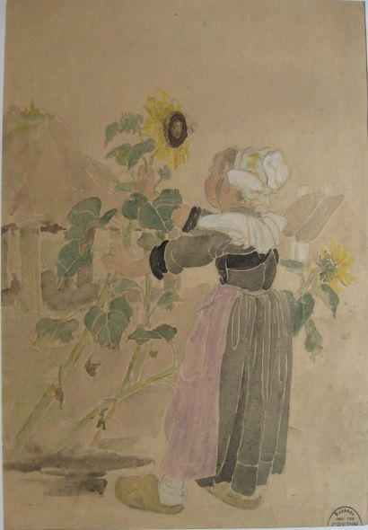 Suzanne CREPIN (1880-1956). Les tournesols, dessin au crayon noir et aquarelle sur...