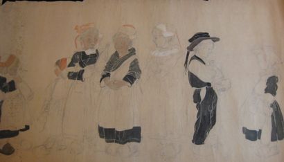 Suzanne CREPIN (1880-1956). Sept personnages, dessin au crayon noir et partiellement...