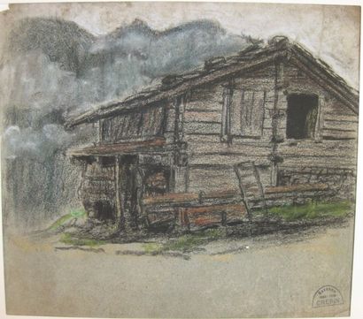 Suzanne CREPIN (1880-1956). Chalet, dessin au crayon gras et pastel. 31.2 x 28.5...