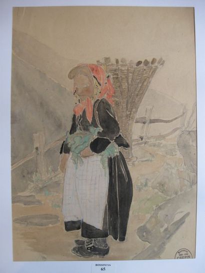 Suzanne CREPIN (1880-1956). Paysanne du Valais, dessin au crayon noir et aquarelle...