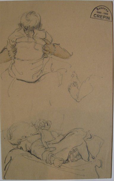 Suzanne CREPIN (1880-1956). Bébé nu de dos et couché, dessin au crayon noir réhaussé...