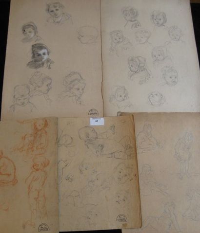 Suzanne CREPIN (1880-1956). Etudes de têtes d'enfants, cinq planches de dessins au...