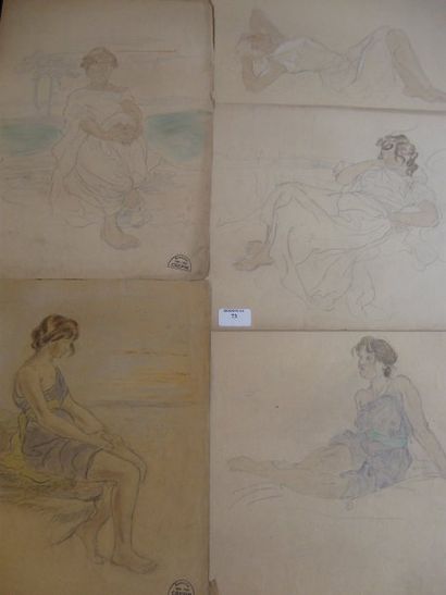 Suzanne CREPIN (1880-1956). Cinq jeunes femmes, dessin au crayon noir réhaussé d'aquarelle...